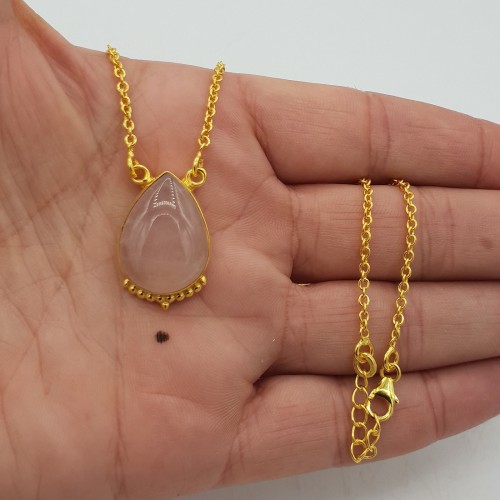 Vergulde ketting met druppelvormige Rozenkwarts hanger