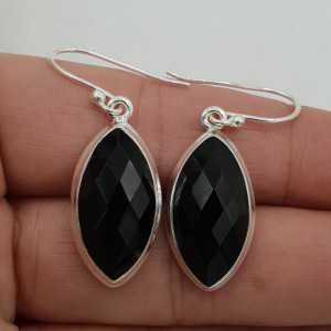 Silver drop earrings set with a marquise faceted black Onyx.