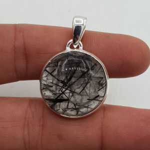 Silver pendant, round, black, Toermalijnkwarts