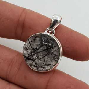 Silver pendant, round, black, Toermalijnkwarts