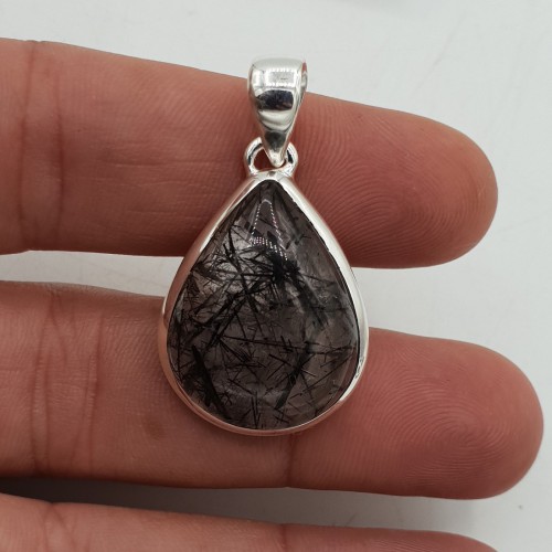 Zilveren hanger druppelvormige zwarte Toermalijnkwarts