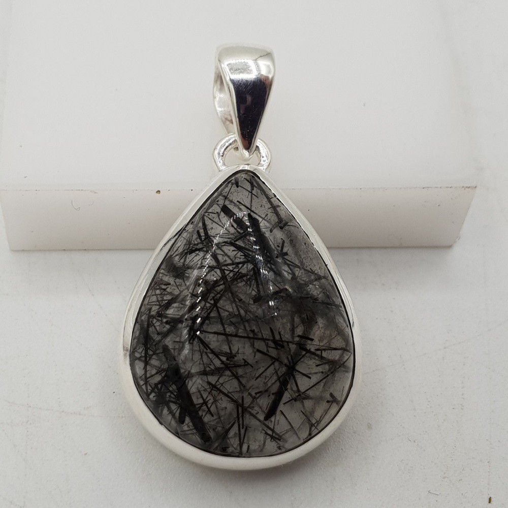 Zilveren hanger druppelvormige zwarte Toermalijnkwarts