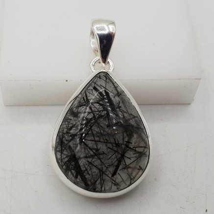 Zilveren hanger druppelvormige zwarte Toermalijnkwarts