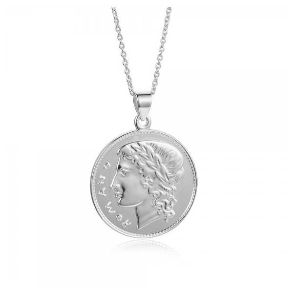 A silver necklace with a coin pendant
