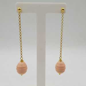 Long drop earrings with salmon colored Pearl