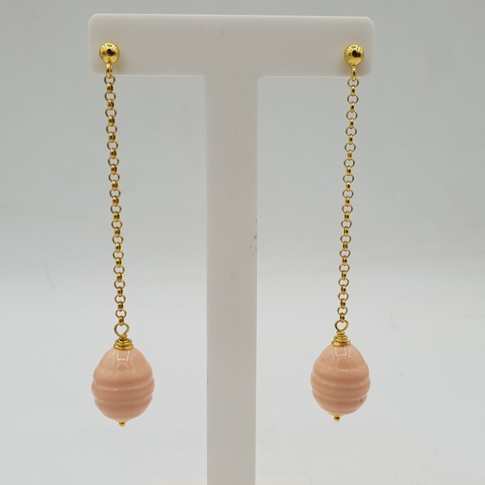 Long drop earrings with salmon colored Pearl