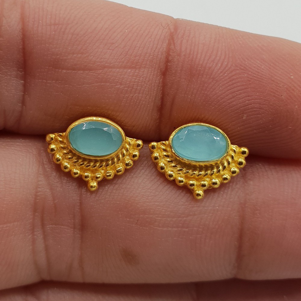 Gold-plated oorknoppen mit einer traverse Ovale Form, aqua Chalcedon