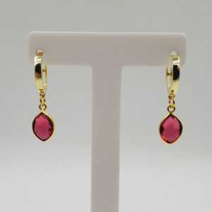 Gold-plated creole with pink Tourmaline and quartz pendant