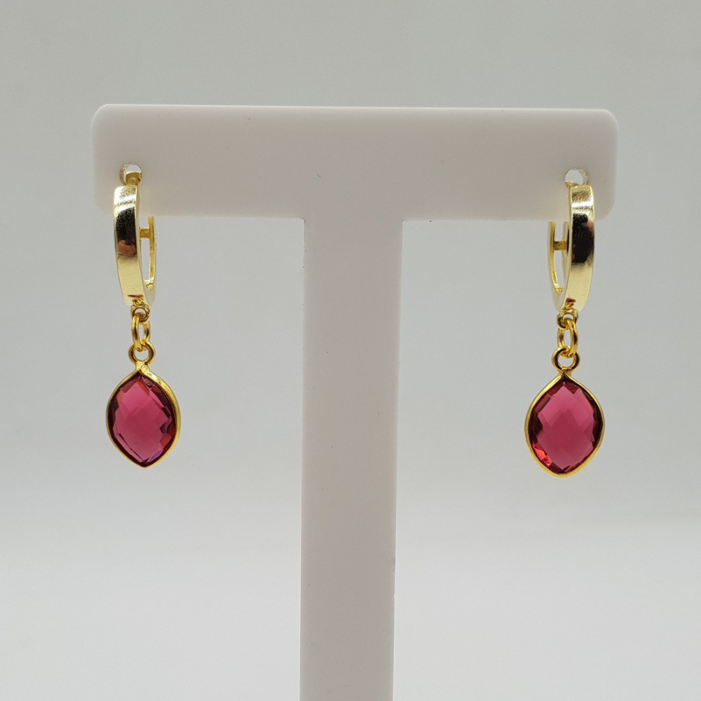 Goud vergulde creolen met roze Toermalijn quartz hanger