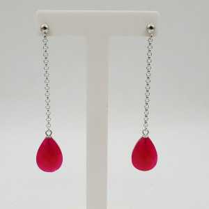 Silver long drop earrings with fuchsia pink Chalcedony drop