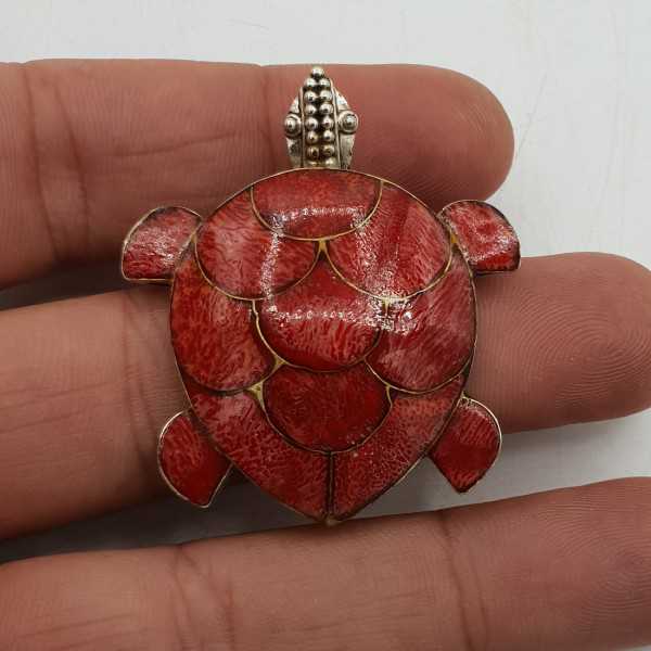 Zilveren hanger schildpad gezet met Koraal medium