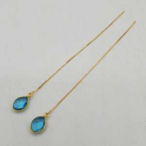 Gold and gold threader earrings with blue Topaz and quartz