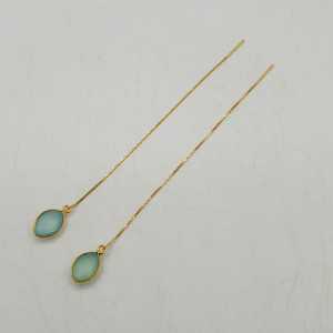 Gold and gold threader earrings with aqua Chalcedony