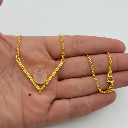 Vergulde ketting met hanger gezet met ovale Rozenkwarts