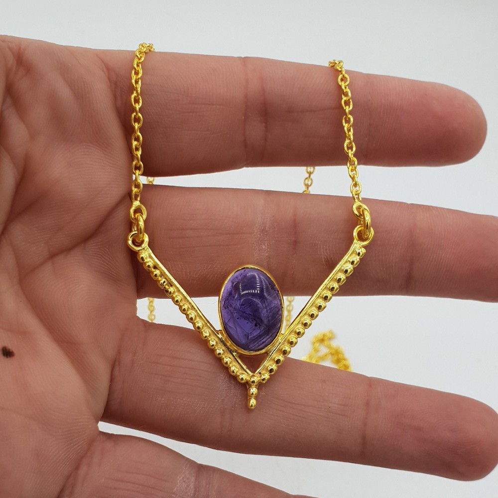 Vergoldete Halskette mit Herz-Anhänger set mit eine Ovale Amethyst