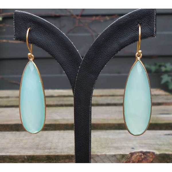 Gold plated earrings set with small faceted aqua Chalcedony