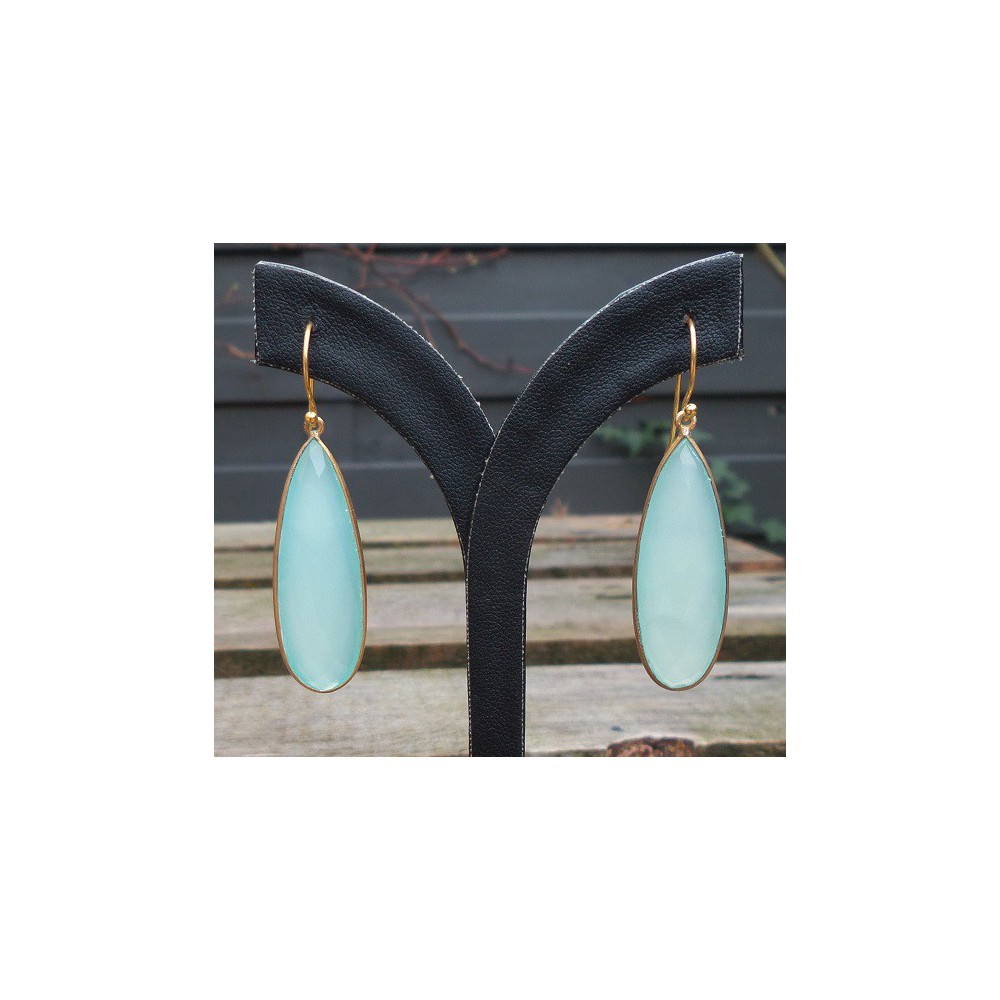 Gold plated earrings set with small faceted aqua Chalcedony