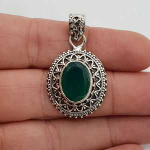 925 Sterling silver pendant, faceted green Onyx carved setting