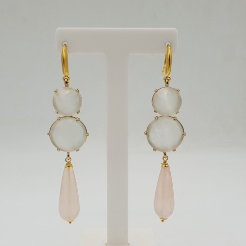 Vergulde oorbellen met witte Kattenoog en roze Jade