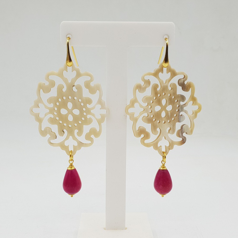 Drop earrings in buffalo horn and fuchsia pink, Jade,