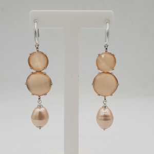 Silver earrings with orange cats eye and Pearl