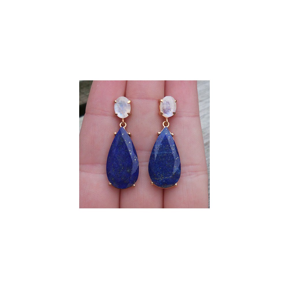 Gold plated earrings set with oval Moonstone and oval shape Lapis 