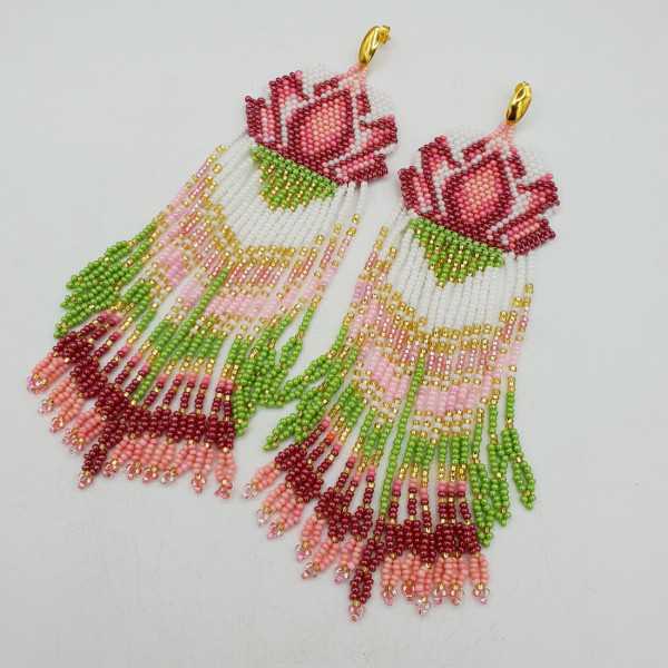 Long beaded tassel earrings, green, pink, and white