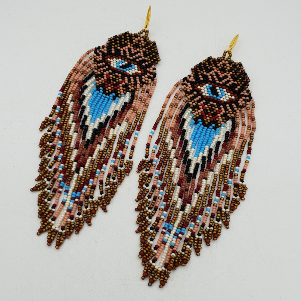 Long beaded tassel earrings, turquoise gold evil eye