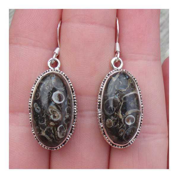 Silver earrings with Turitella Agate set in a carved setting 