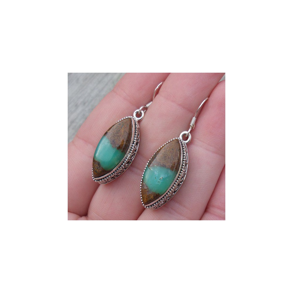 Silver earrings with Boulder Chrysoprase set in a carved setting