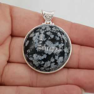 925 Sterling silver pendant, round, snowflake Obsidian,
