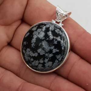 925 Sterling silver pendant, round, snowflake Obsidian,