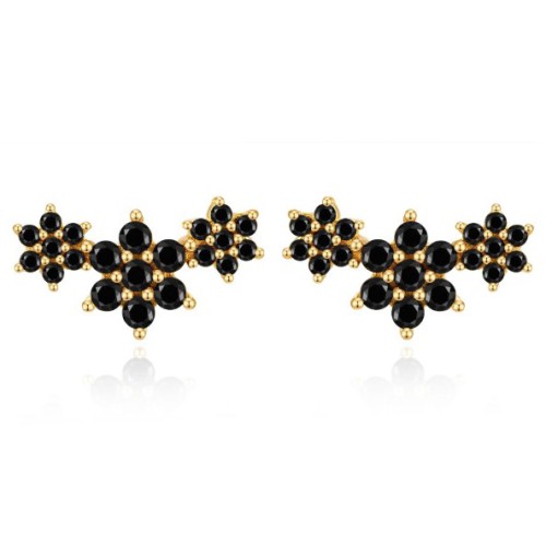 Vergulde oorknoppen bloemen met zwarte steentjes
