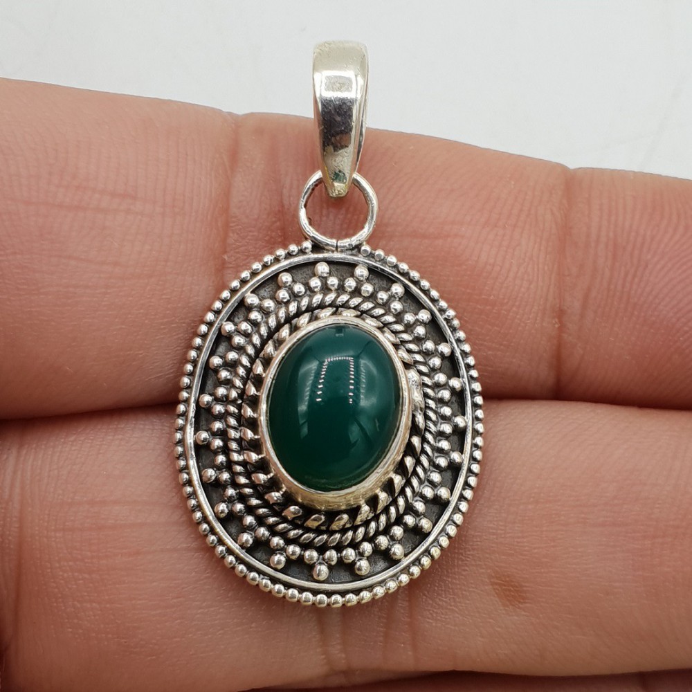 925 Sterling Silber Anhänger mit grüne Onyx geschnitzt Einstellung