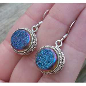 Silver earrings with round druzy Titanium carved setting 