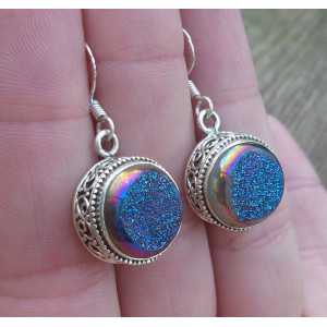 Silver earrings with round druzy Titanium carved setting 
