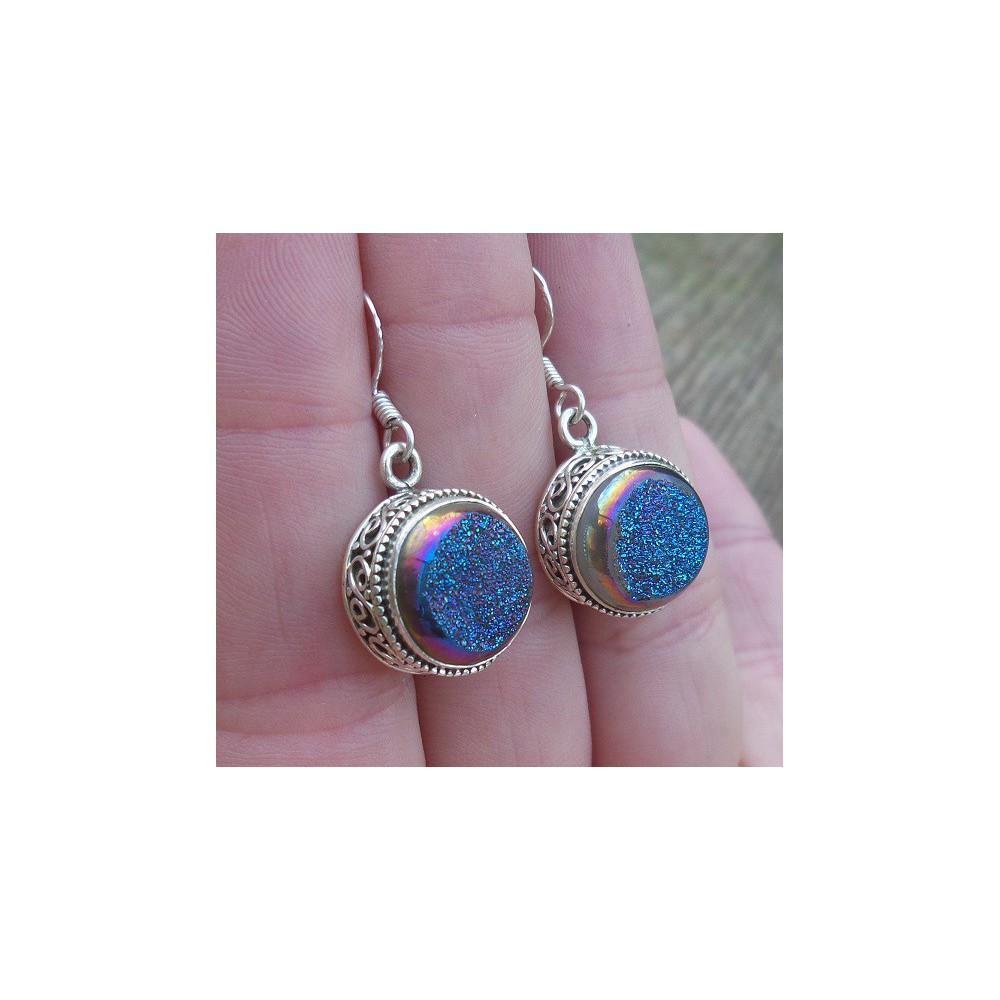 Silver earrings with round druzy Titanium carved setting 