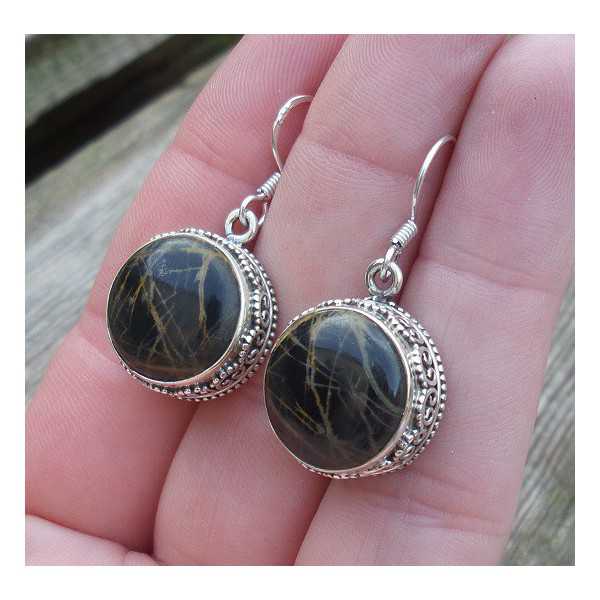 Silver earrings with round Pilbara Jasper, in carved setting 