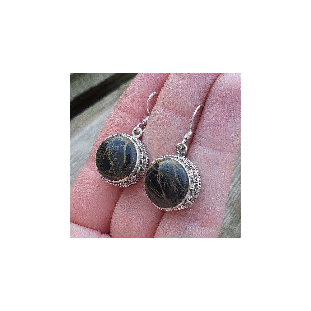 Silver earrings with round Pilbara Jasper, in carved setting 