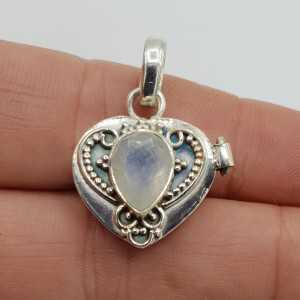 Zilveren locket hart hanger gezet met Maansteen