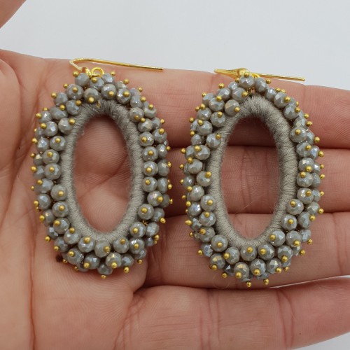 Vergulde glassberry oorbellen ovaal grijs