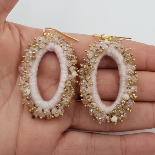 Vergulde glassberry oorbellen ovaal roze