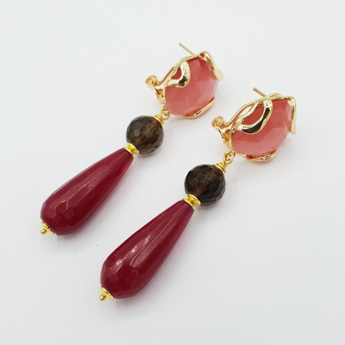 Vergulde oorbellen met Kattenoog Smokey Topaas en Jade