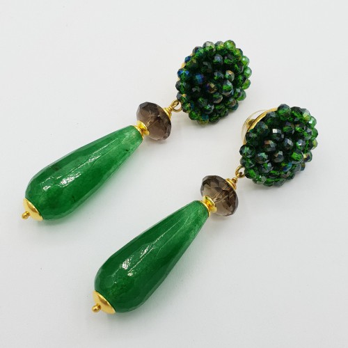 Vergulde oorbellen met Jade Smokey Topaas en kristallen