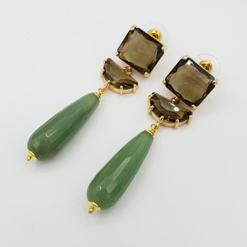 Vergulde oorbellen met bruin crystal en Aventurijn