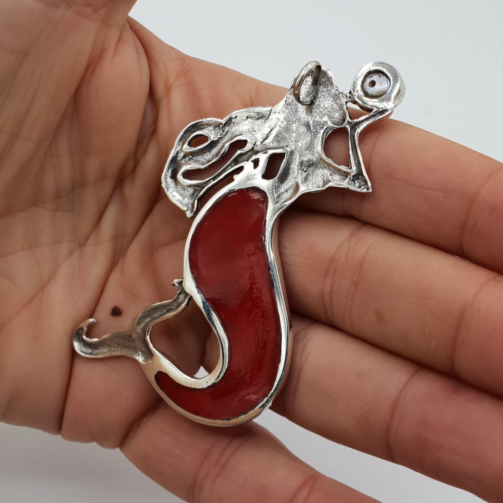 Zilveren hanger zeemeermin gezet met Koraal en Parel