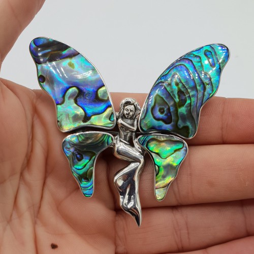 Zilveren vlinder hanger brooch gezet met Abalone schelp