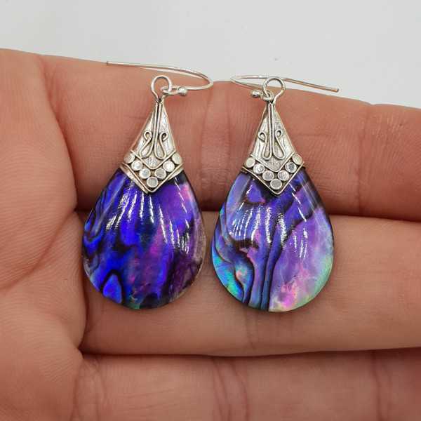 Zilveren oorbellen met paarse Abalone schelp