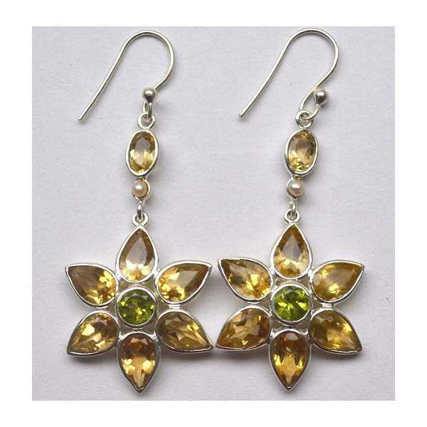 Silver long earrings flower set with Citrine and Peridot