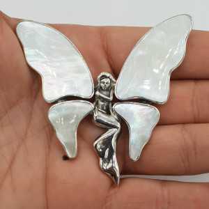 Zilveren vlinder hanger brooch gezet met Parelmoet